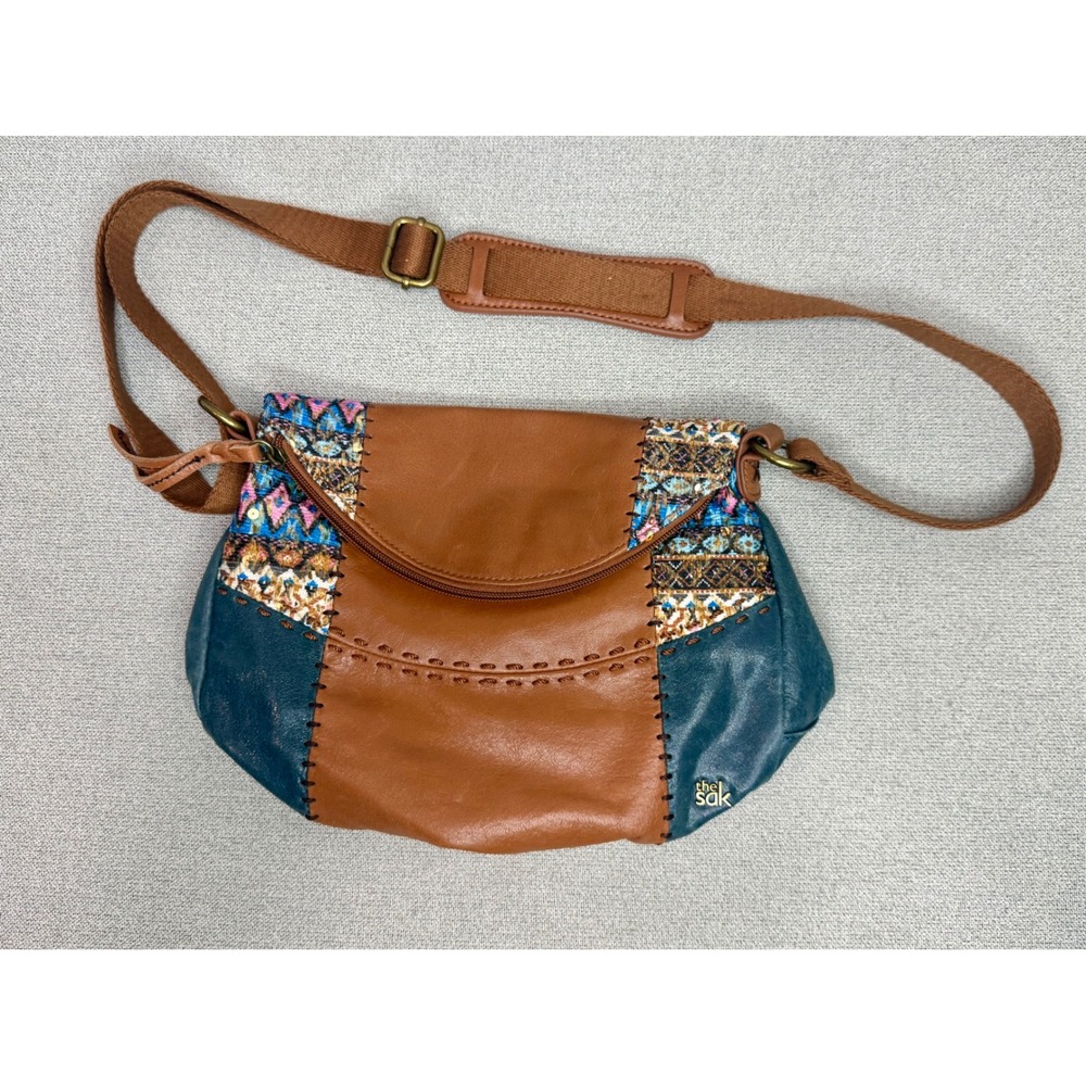 Sak Leather Patchwork Crossbody Bag Brown Teal Boho Embroidered‎ Foldover Flap